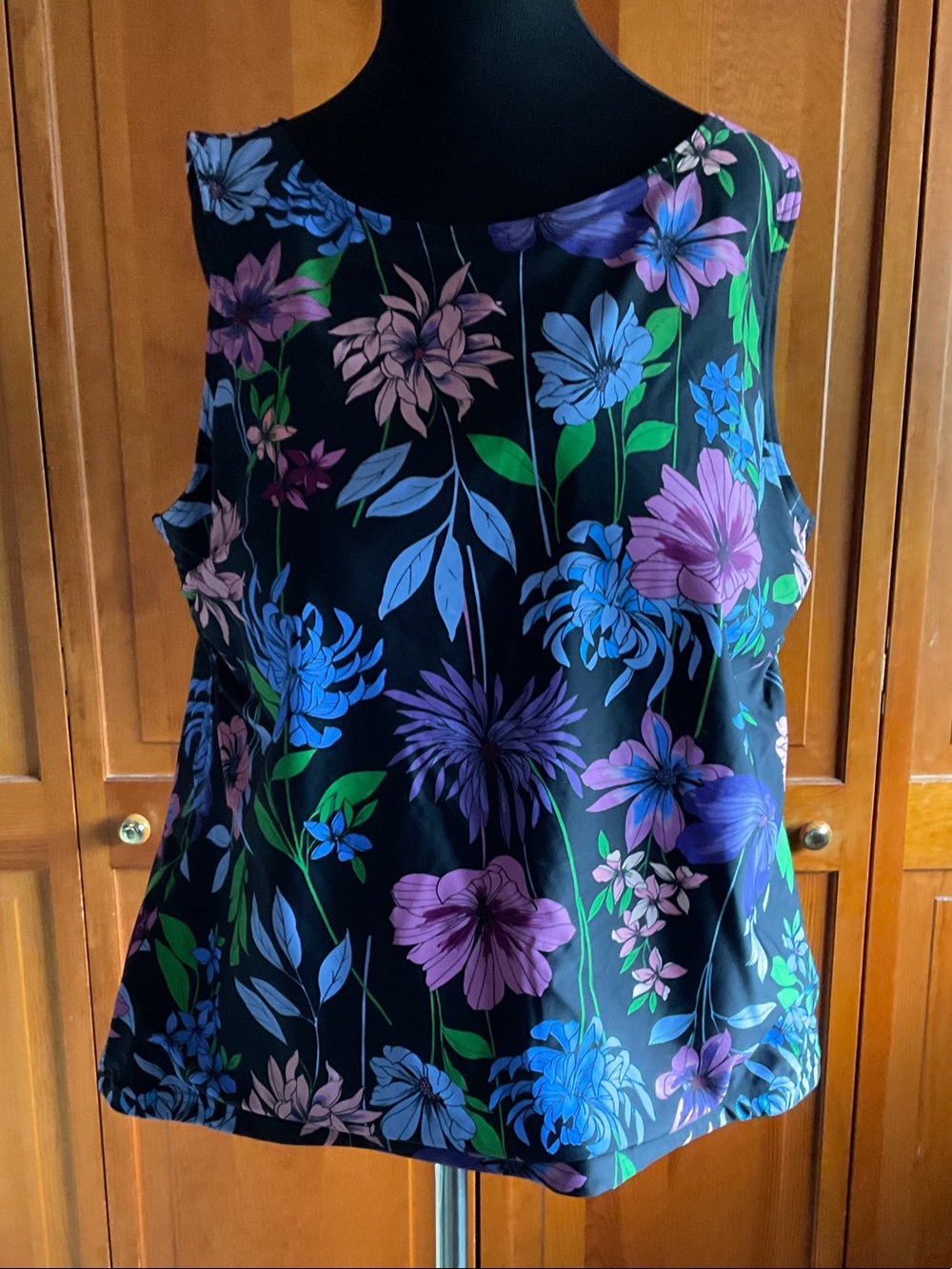 Coldwater Creek Black Floral Swim Camisole with Purple, Blue & Green Accents